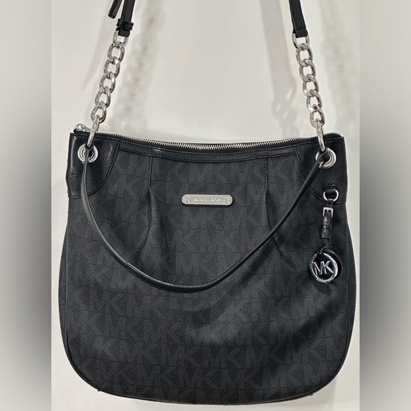 Michael Kors Jet Set Purse Convertible Shoulder Crossbody Hobo Bag Black Silver